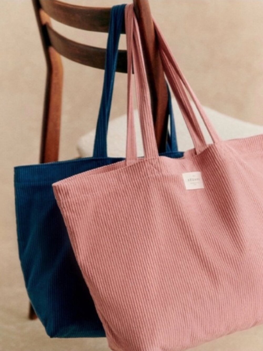 SEZANE Pink Corduroy Tote with cream cotton lining